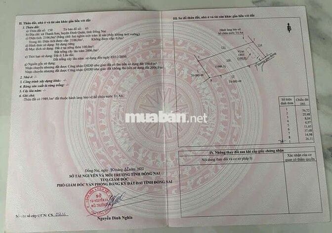 Bán gần 1Ha đất gần hồ Trị An có sẵng 100m tc giá siêu rẻ