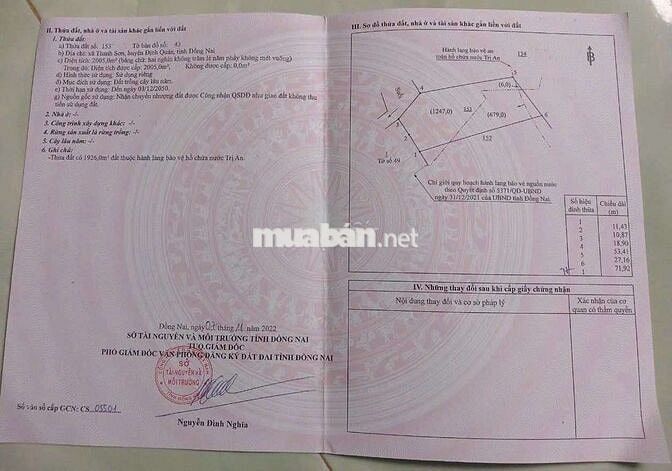 Bán gần 1Ha đất gần hồ Trị An có sẵng 100m tc giá siêu rẻ