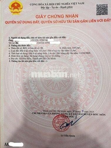 Bán gấp lô đất 1/đ.Tân Hiệp,Hóc Môn 119m2, hẻm thông LG 10m. 900 triệu