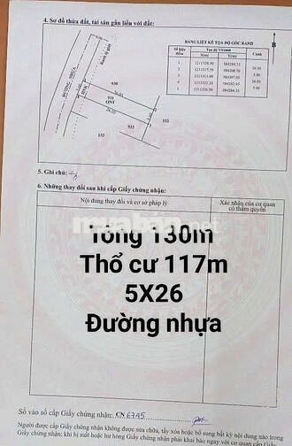 đất Chính chủ 5X26 thổ 117m, DT 130m, Tân thông hội,  gần ủy ban Xã 