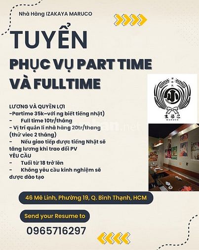 [KO CẦN KN] NV PHỤC VỤ FULLTIME PART TIME