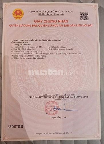 Cần bán gấp lô đất 40m2 TDC Anh Dũng 5, Dương Kinh, sổ đỏ cá nhân