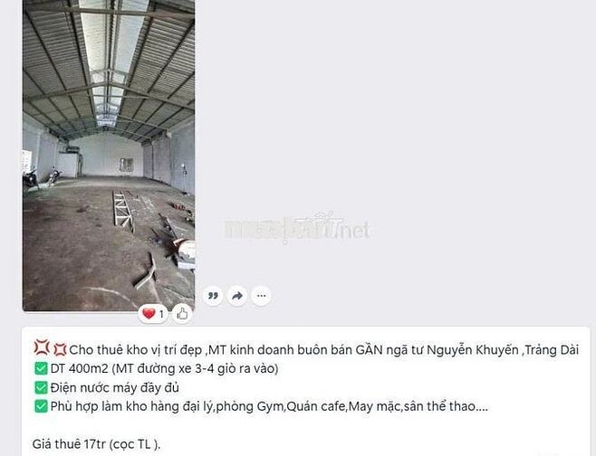 CHO THUÊ KHO PHƯỜNG TRẢNG DÀI GIÁ 17 TRIỆU