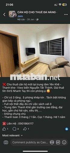 Trống *** 1 phòng trung tâm thanh khê view biển.
