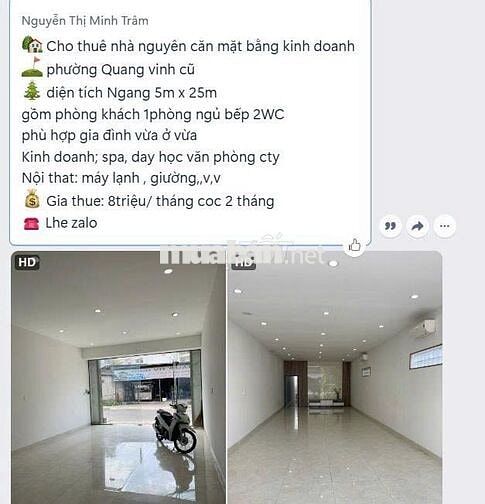 CHO THUÊ NHÀ MẶT BẰNG PHƯỜNG QUANG VINH GIÁ 8 TRIỆU