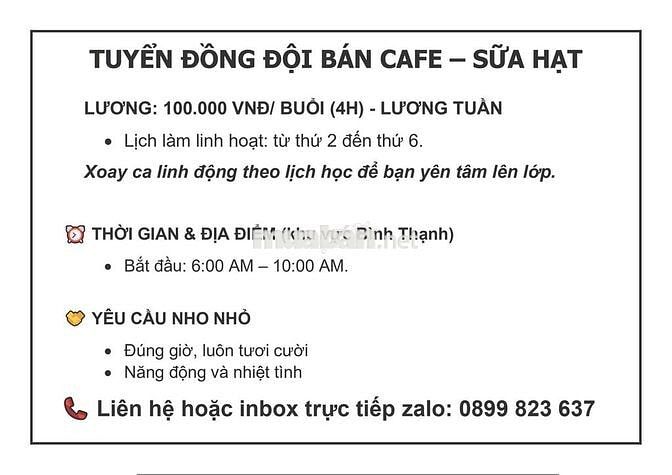 Tuyển người bán đồ ăn sáng take away - xong sớm về