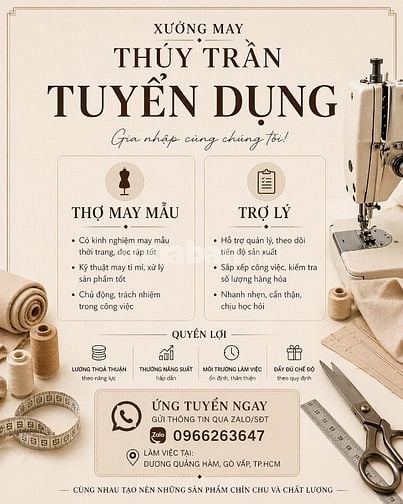 TUYỂN DỤNG THỢ MAY MẪU LÀM VIỆC TẠI GÒ VẤP, HCM