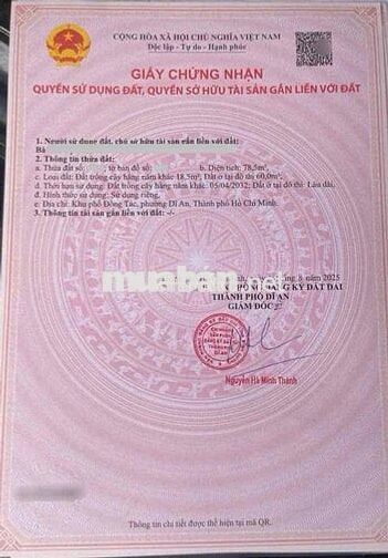 Đất 78,5m2 gần chợ Dĩ An 1, Dĩ An,TP Dĩ An