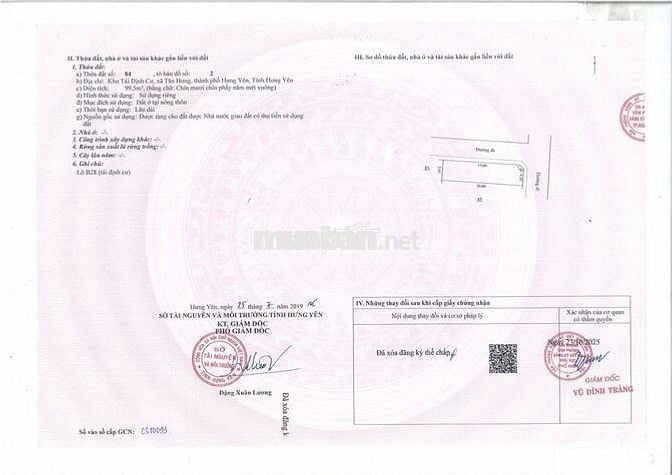 Cần bán đất xã Tân Hưng, TP Hưng Yên 99,5m2; 2 mặt tiền
