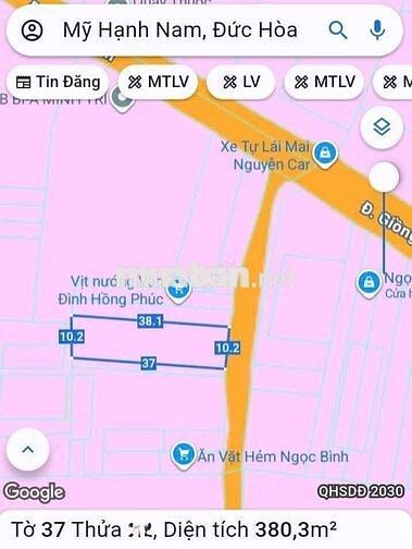 Đất 10 x 38m đường ôtô thông, gần chợ Mỹ Hạnh Nam