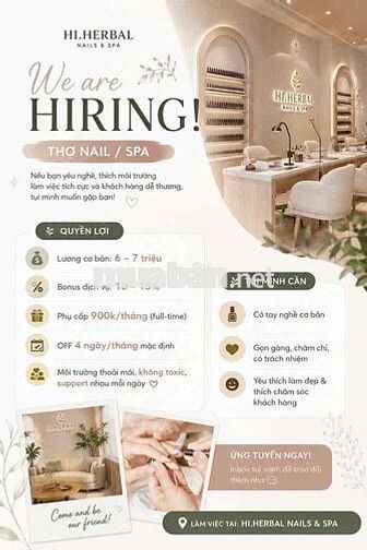 Tuyển Dụng thợ nail , gội