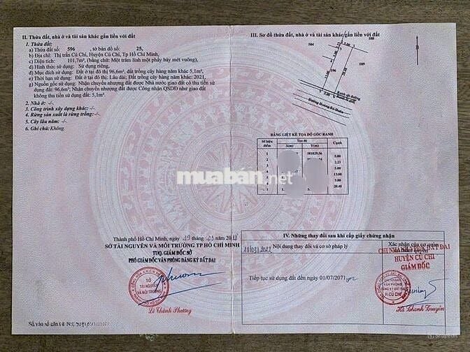 Cần bán gấp lô đất đường nhựa . Thị trấn củ chi 101,7 m2 giá 650 triệu