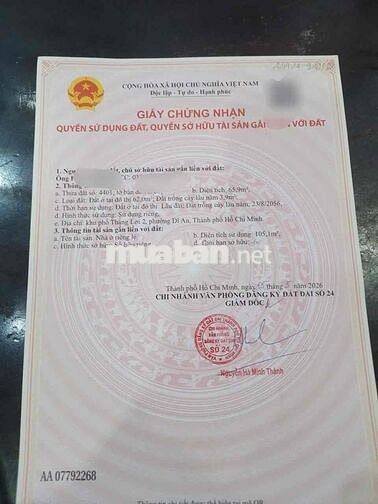 Nhà SHR_Đã Hoàn Công_ trung tâm TP_p.Dĩ An_DTSD:105,1m2