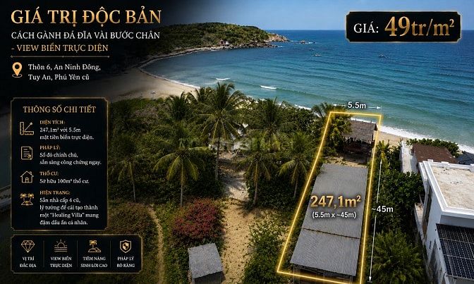 Bán đất mặt biển sát Gành Đá Đĩa 247m² - 100m2 thổ cư, giá 12,1 tỷ    
