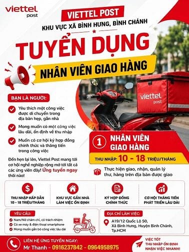 VIETTEL POST BÌNH HƯNG – BÌNH CHÁNH TUYỂN DỤNG NHÂN VIÊN GIAO HÀNG