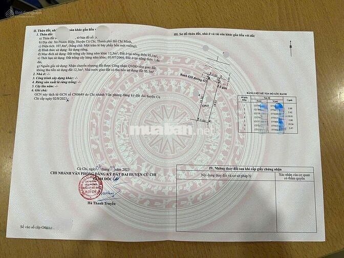 Lô đất mặt tiền đường Cây Trôm Mỹ Khánh 107m2 giá900triệu huyện Củ Chi