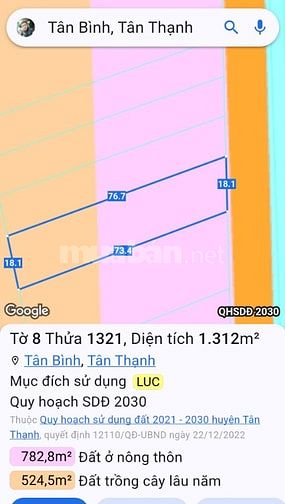Bán Đất thổ cư xã tân bình Tân Thạnh Long An cũ DT 1300m2 Mặt tiền 18m