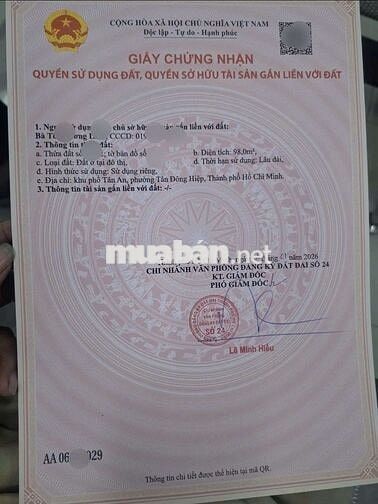 Đất mặt tiền đường Tân An phường Tân Đông Hiệp Tp Dĩ An 