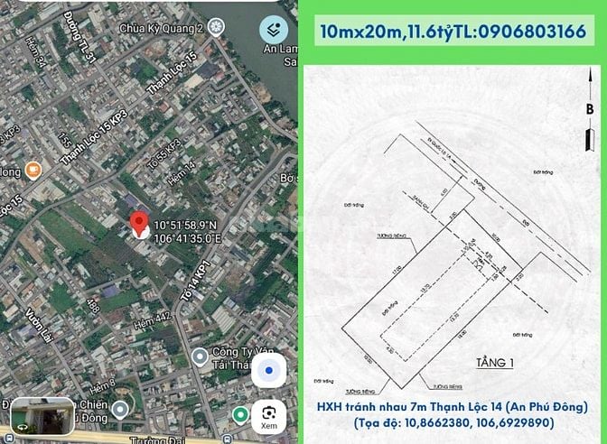 Bán đất chính chủ,10x20m,HXH tránh nhau 7m Thạnh Lộc 14-15(An Phú Đông