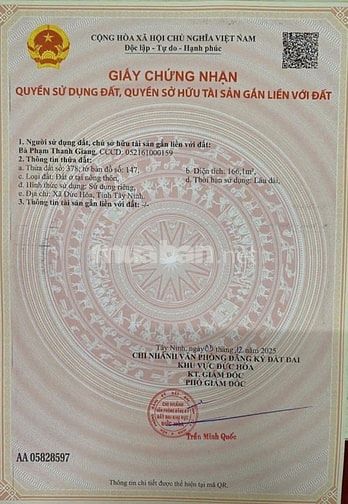 Cần bán đất mặt tiền đường nguyễn văn dương xã đức hoà tinh tây ninhới