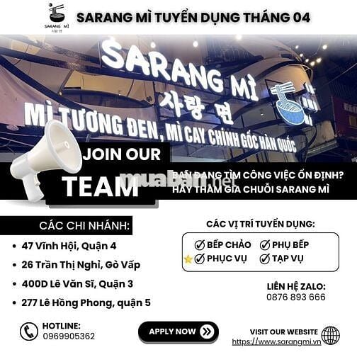 SARANG MÌ TUYỂN DỤNG Full-time Bếp và Phục Vụ