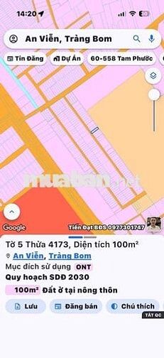 CHÍNH CHỦ CẦN BÁN LÔ ĐẤT ẤP 4 AN VIỄN TP ĐỒNG NAI 100m2 thổ cư