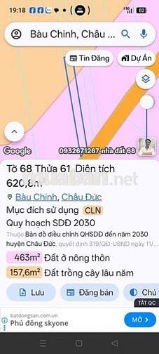 Chính chủ bán đất mặt tiền 9, 52m, đường nhựa 25m. Diện tích 620m2.