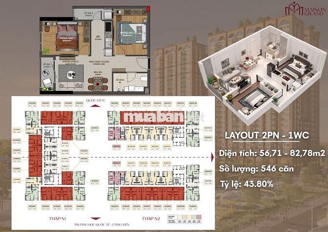 Căn hộ 2 phòng ngủ giá tốt (chưa VAT) Thanh toán 1 tỷ nhận nhà vào ở