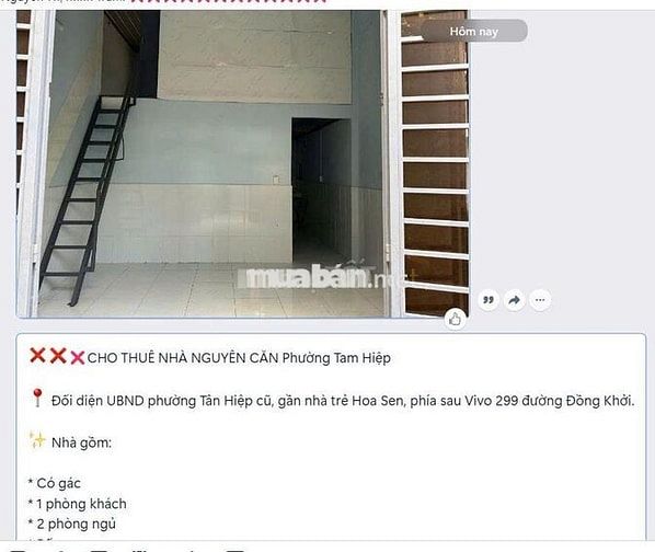 CHO THUÊ NHÀ PHƯỜNG TAM HIỆP GIÁ 3,5 TRIỆU 