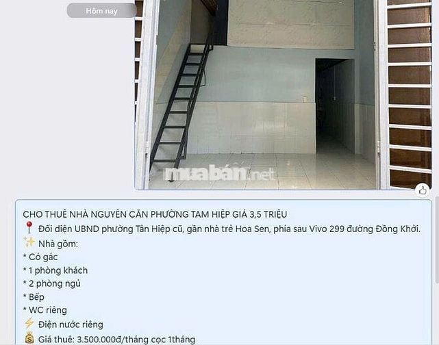 CHO THUÊ NHÀ PHƯỜNG TAM HIỆP GIÁ 3,5 TRIỆU 