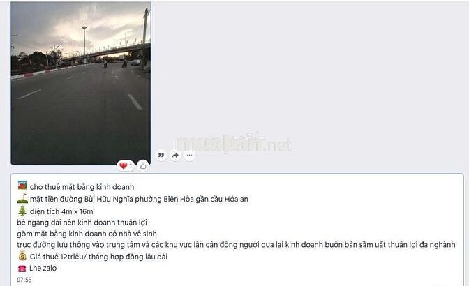 CHO THUÊ MẶT BẰNG PHƯỜNG BIÊN HÒA GIÁ 12 TRIỆU