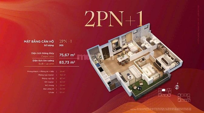 Căn Hộ 2pn+1, 75m2, hướng đông nam view đẹp ngắm pháo hoa