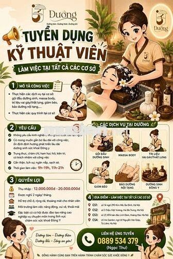 CẦN 10 KỸ THUẬT VIÊN SPA Ở HÀ NỘI