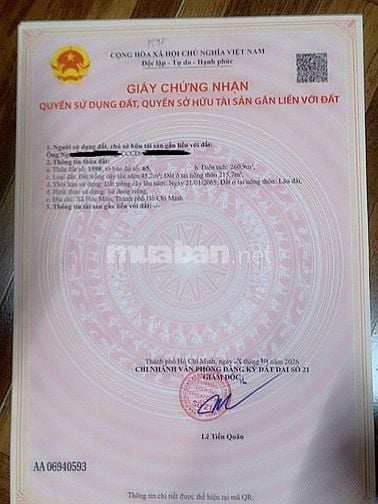 Bán lô 260m, thổ cư 215m, sổ riêng nở hậu hinh L, 1 sẹc TH4, sát tt HM