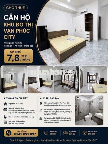CHO THUÊ CĂN HỘ VẠN PHÚC DT 35M2, 1PN, 1WC