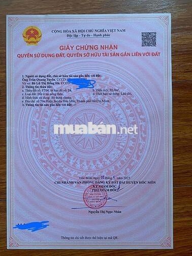 Ban Đất Thổ Cư 92m2 gần nhà máy nước Tân Hiệp gần chợ gần trường cấp 1
