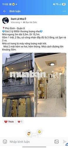 Nhà đẹp - Giá rẻ - 2 phòng ngủ 2wc , hẻm 1 sẹt - Quận 8 SHR