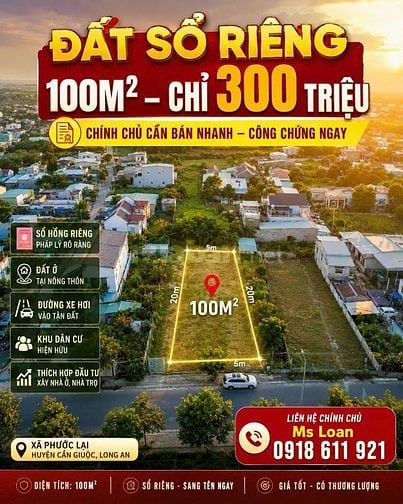 Bán Gấp Đất Sổ Riêng Long An 100m² Giá Chỉ 300 Triệu