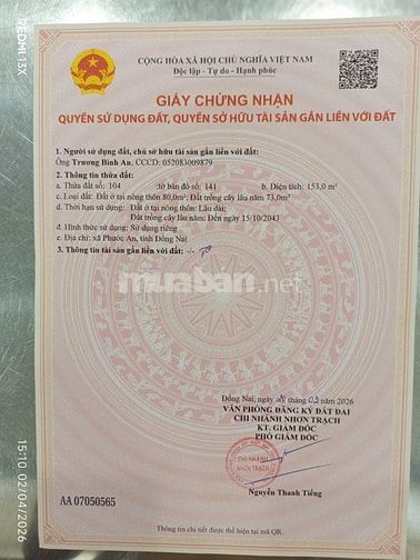 🚨 CHÍNH CHỦ BÁN ĐẤT ĐẸP PHƯỚC AN – ĐỒNG NAI | 153m² | 80m² THỔ CƯ | G