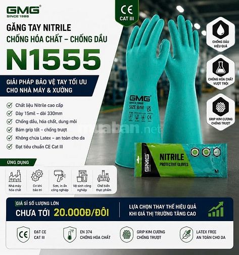 🧤 Găng Tay Nitrile Chống Hóa Chất – Chống Dầu GMG N1555 – Giải pháp b
