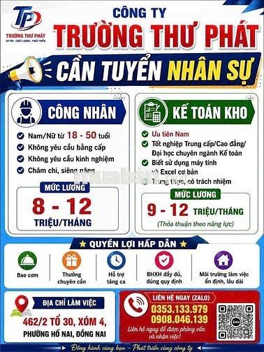 Tuyển công nhân, cơ khí, kế toán