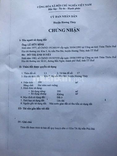 Bán đất thổ cư KQH Nguyễn Khoa Văn, P.Phú Bài, Hương Thuỷ, TP Huế.