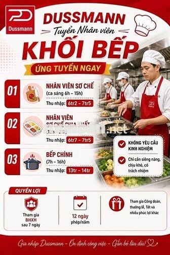 Tuyển dụng N/V Khối bếp - Thu nhập: 8tr - 11tr