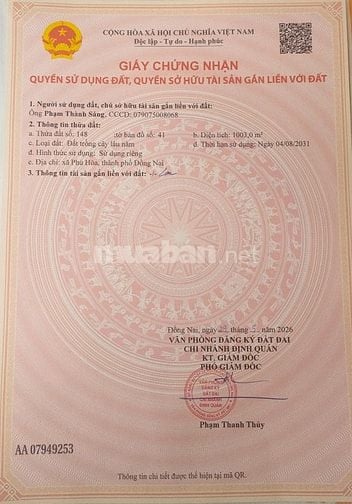 Bán 1.003m2 đất cây lâu năm phú hoà.Tp Đồng Nai