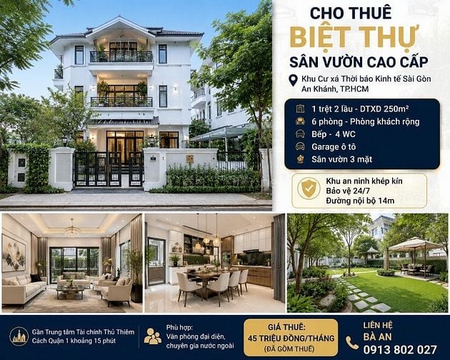 Cho thuê biệt thự sân vườn khu Cư Xá Thời Báo Kinh Tế, Phường An Khánh