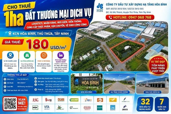 Cho thuê 1ha đất dịch vụ tại KCN Hòa Bình, vị trí đẹp ngay đầu KCN