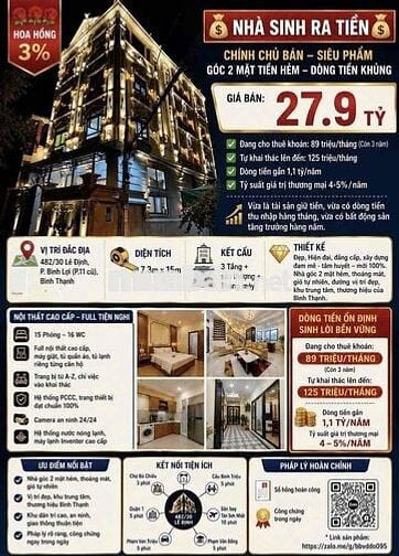 Chính Chủ Bán Toà Nhà CHDV 7,3x15 Trệt Lững 3L 16pn DT 125tr Giá 27,9T
