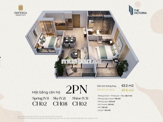 Chủ Cần tiền bán gấp CH 2PN Victoria 65m2 Giá 4.950 KH vào tiền giãn