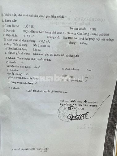 BÁN ĐẤT 2MT KIM LONG ĐỂ Ở - KINH DOANH - ĐẦU TƯ