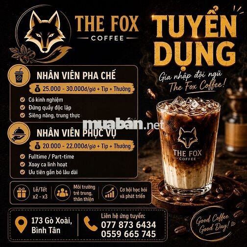 Tuyển dụng phục vụ pha chế partime full time B.Tân